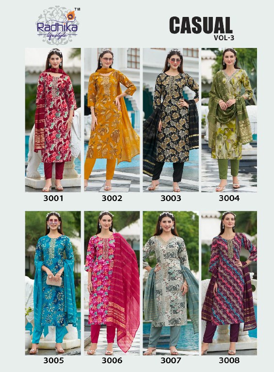 CASUAL VOL 3 BY RADHIKA LIFESTYLE CASUAL WEAR RAYON PRINT READYMADE 3PCS DRESS