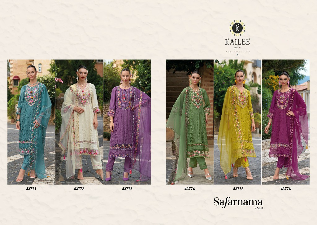 Kailee Safarnama Vol-5 Wholesale Pure Viscose Muslin Self Schiffli Work Kurtis With Pant And Dupatta