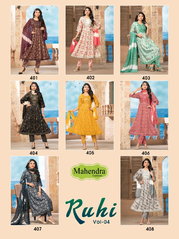 Mahendra Fashion Ruhi Vol-4 Wholesale Fancy Capsule Print Kurtis With Pant And Dupatta