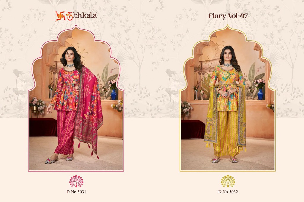 flory vol 47 by shubhkala silk digital foil classic readymade 3pcs dress