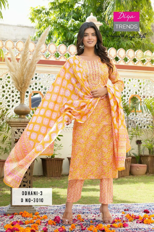 Diya Odhani Vol-3 D.no 3001 To 3010 Wholesale Cotton Kurti With Pant And Dupatta