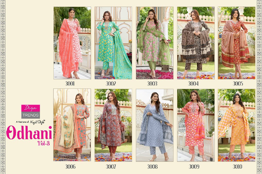 Diya Odhani Vol-3 D.no 3001 To 3010 Wholesale Cotton Kurti With Pant And Dupatta