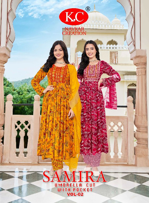 samira vol 2 by navkar creation rayon fully stitch umbrella cut 3pcs dress