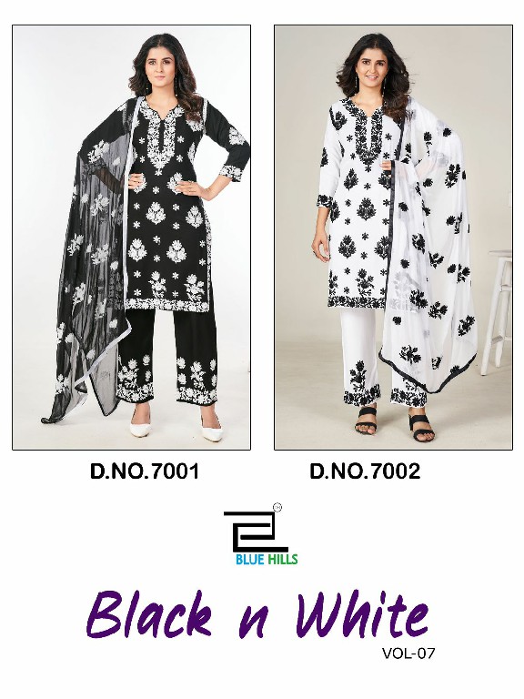 black and white vol 7 by blue hills rayon readymade big size fancy kurti pant dupatta