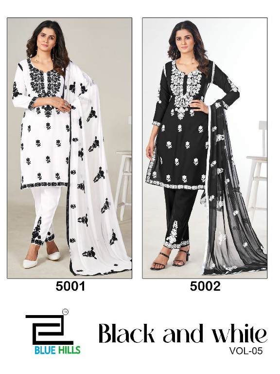 blue hills black and white vol 5 rayon thread work fully stitch plus size ladies suit