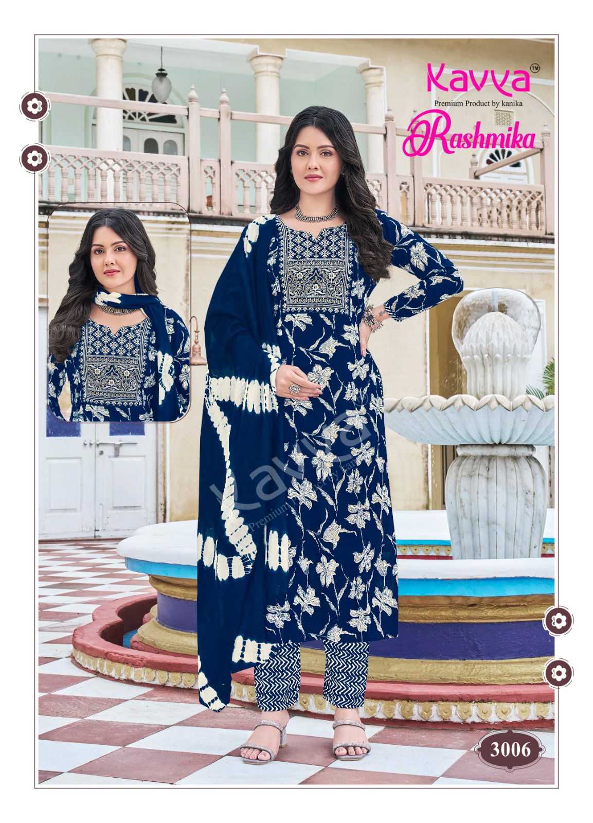 rashmika vol 3 by kavya readymade rayon print pretty look 3pcs dress