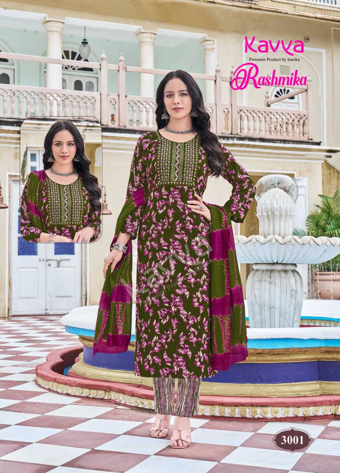 rashmika vol 3 by kavya readymade rayon print pretty look 3pcs dress