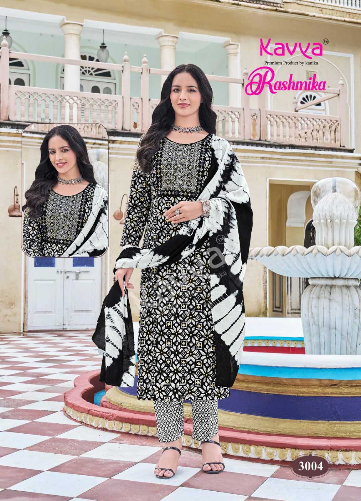 rashmika vol 3 by kavya readymade rayon print pretty look 3pcs dress