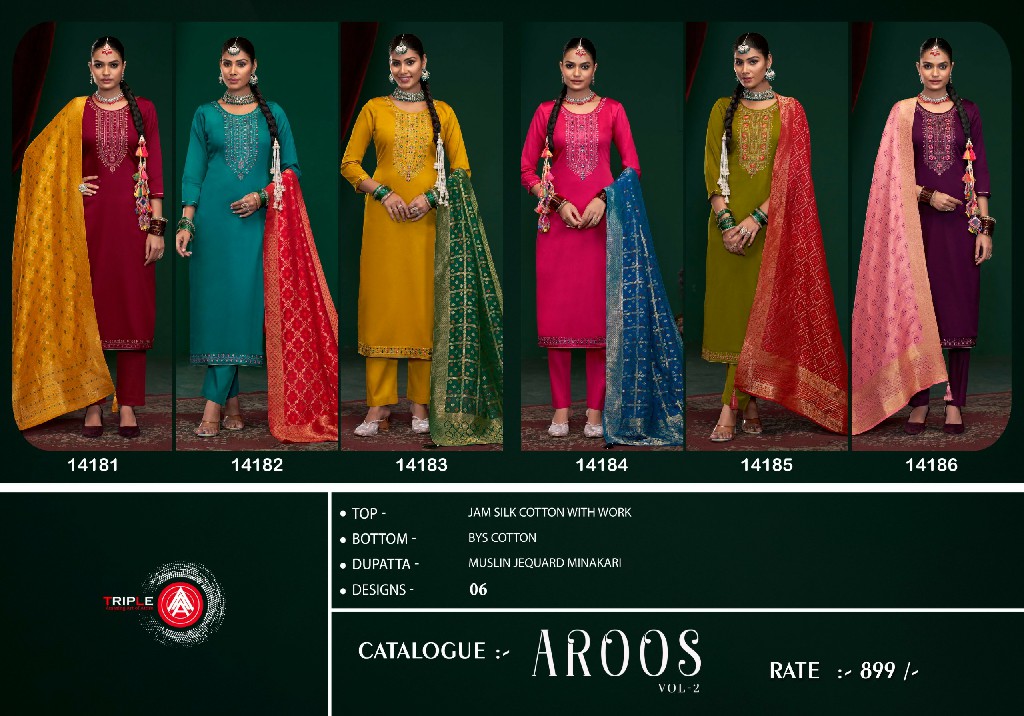 Triple AAA Aroos Vol-2 Wholesale Jam Silk Cotton With Work Dress Material