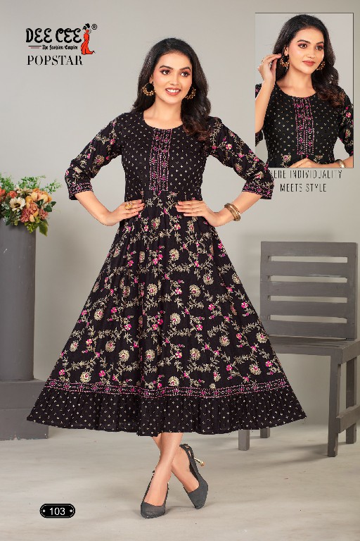 Dee Cee Popstar Wholesale Reyon Gold Print Flair Kurtis