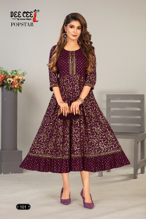 Dee Cee Popstar Wholesale Reyon Gold Print Flair Kurtis