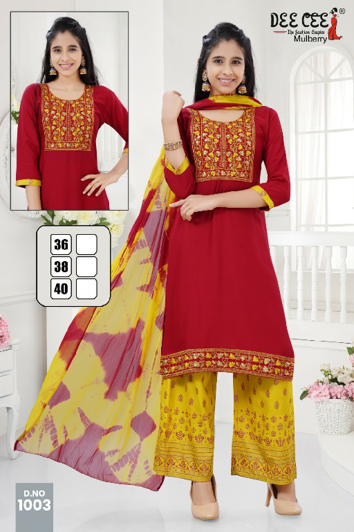 Dee Cee Mulberry Wholesale Rayon Top With Pant And Dupatta Kids Suits