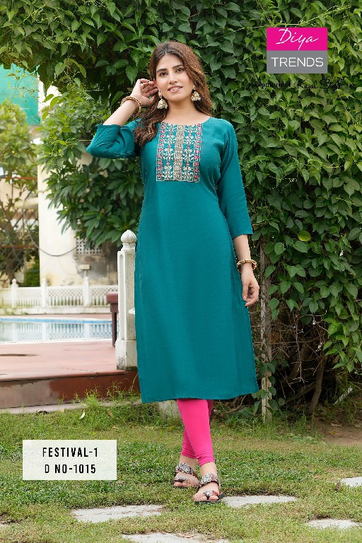 diya trends festival vol 1 D.no 1001 To 1015 roman silk daily wear full stitch plus size long combo kurti