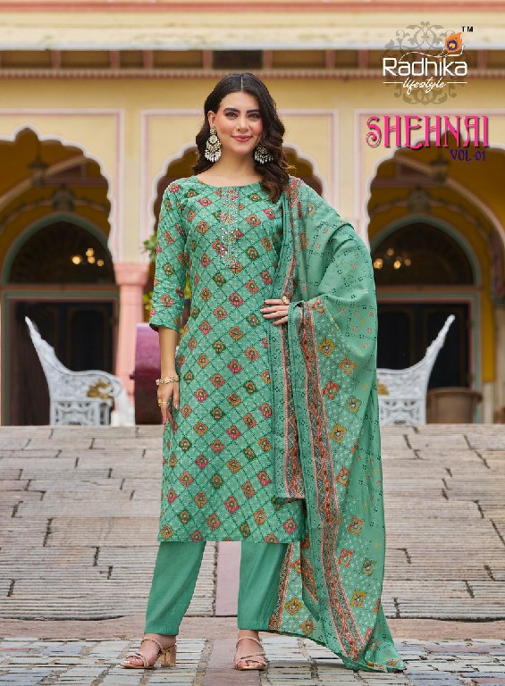 shehnai vol 1 by radhika lifestyle vartican print readymade casual big size suit