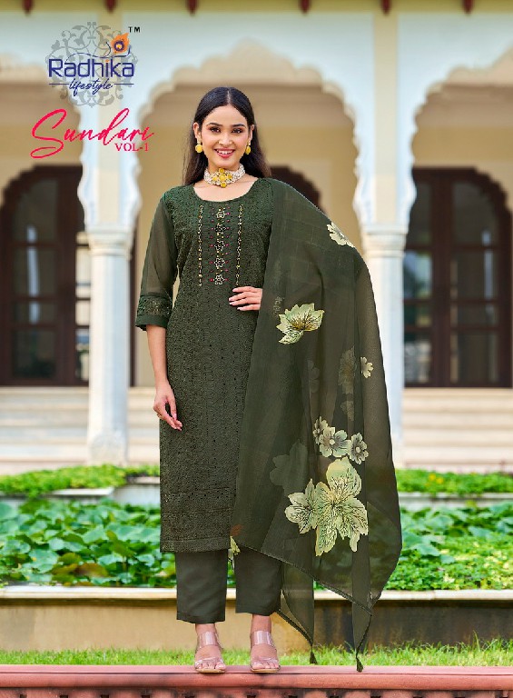 Radhika Sundari Vol-1 Wholesale Pure Organza With Schiffli Work Top With Pant And Dupatta