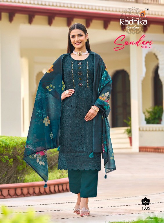 Radhika Sundari Vol-1 Wholesale Pure Organza With Schiffli Work Top With Pant And Dupatta