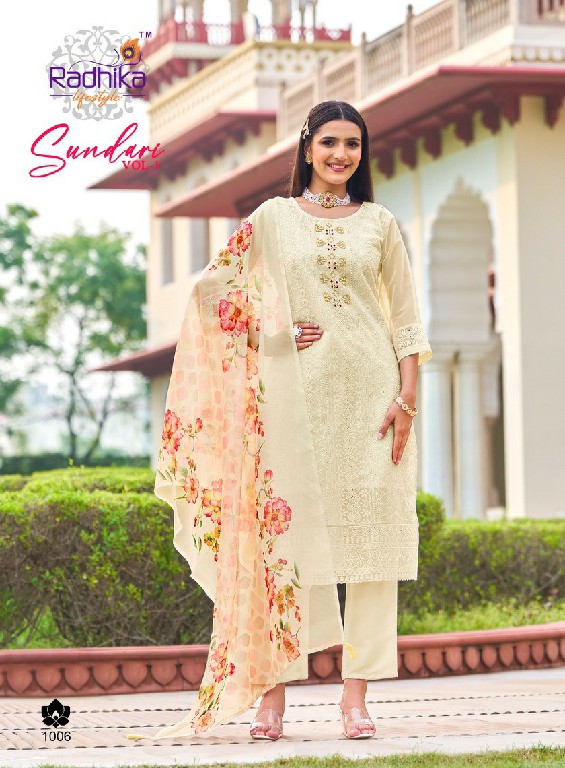 Radhika Sundari Vol-1 Wholesale Pure Organza With Schiffli Work Top With Pant And Dupatta