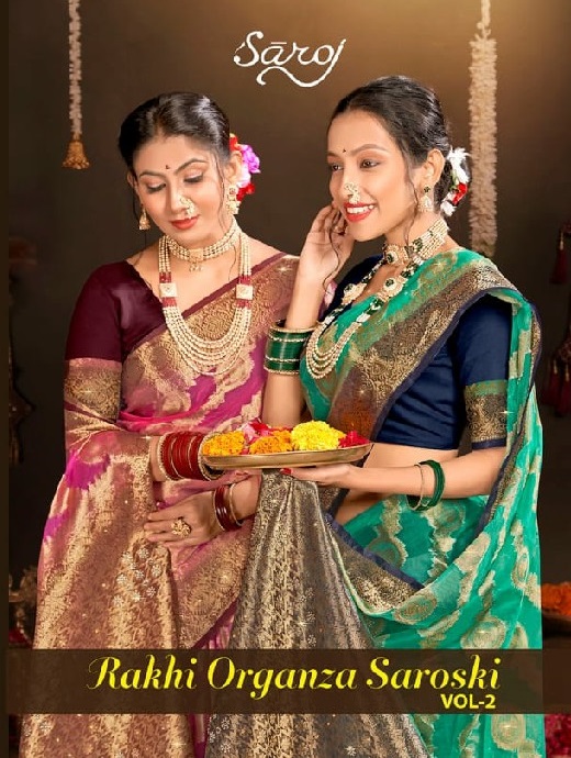 Saroj Rakhi Organza Saroski Vol-2 Wholesale Pure Jari Organza With Swaroski Work Sarees