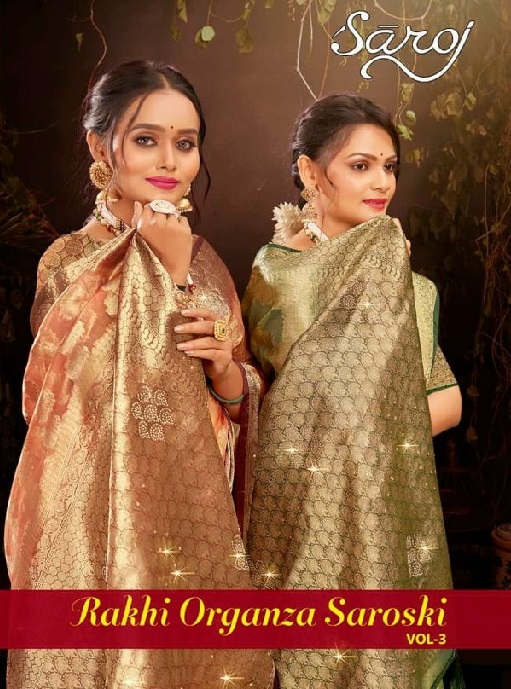 Saroj Rakhi Organza Saroski Vol-3 Wholesale Pure Jari Organza With Swaroski Work Sarees