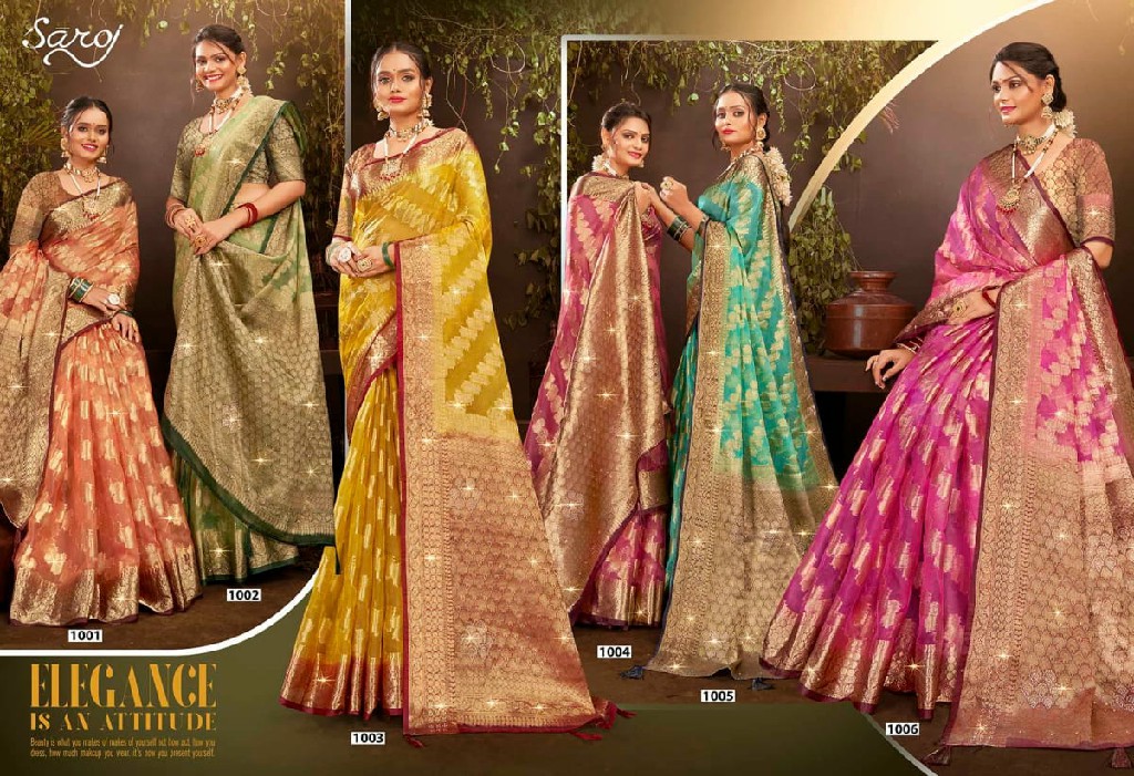 Saroj Rakhi Organza Saroski Vol-3 Wholesale Pure Jari Organza With Swaroski Work Sarees