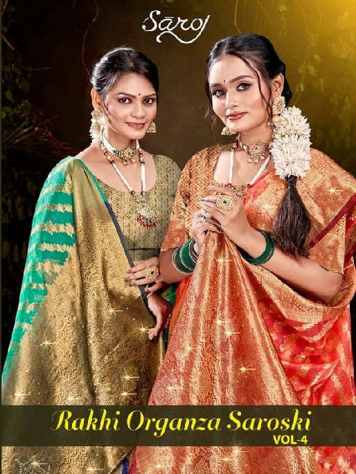 Saroj Rakhi Organza Saroski Vol-4 Wholesale Pure Jari Organza With Swaroski Work Sarees