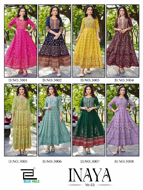 Blue Hills Inaya Vol-3 Wholesale 14 Kg Reyon With Foil Print Anarkali Kurtis