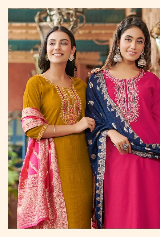 Rangmaya Banarasi Wholesale Roman Fabrics Kurti With Pant And Dupatta
