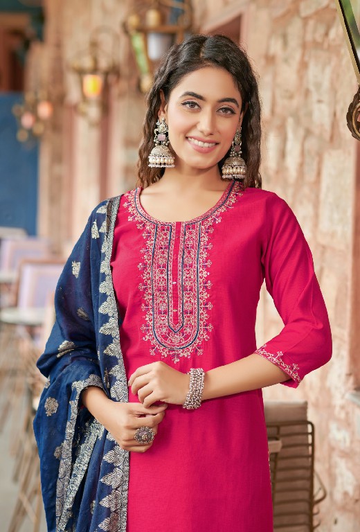 Rangmaya Banarasi Wholesale Roman Fabrics Kurti With Pant And Dupatta