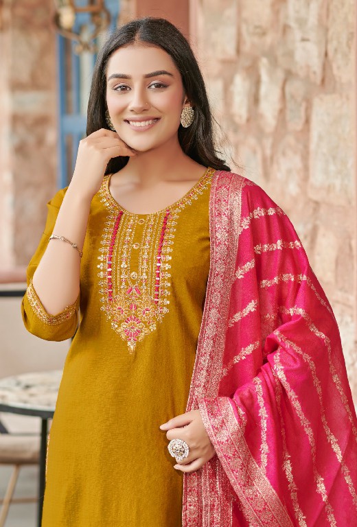 Rangmaya Banarasi Wholesale Roman Fabrics Kurti With Pant And Dupatta