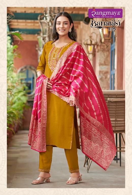 Rangmaya Banarasi Wholesale Roman Fabrics Kurti With Pant And Dupatta