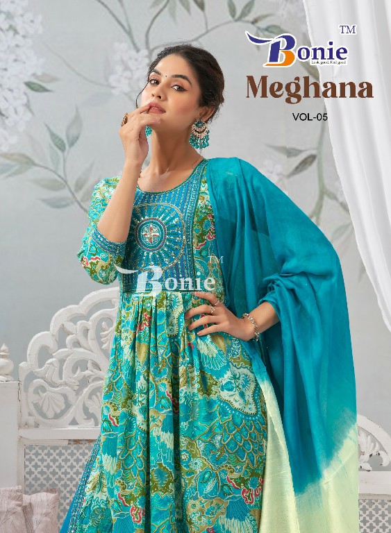 meghana vol 5 by bonie rayon print nayra cut readymade classic suit