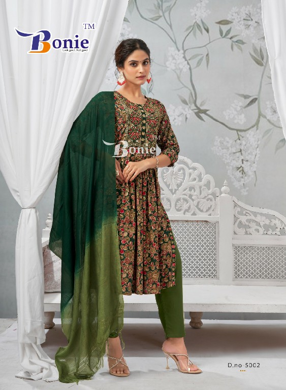 meghana vol 5 by bonie rayon print nayra cut readymade classic suit