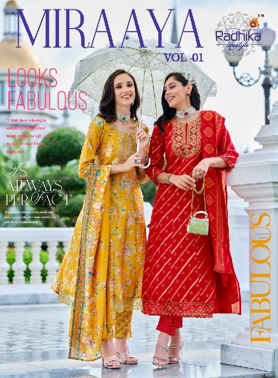 Radhika Miraaya Vol-1 Wholesale Schimer Foil Print Kurtis With Pant And Dupatta