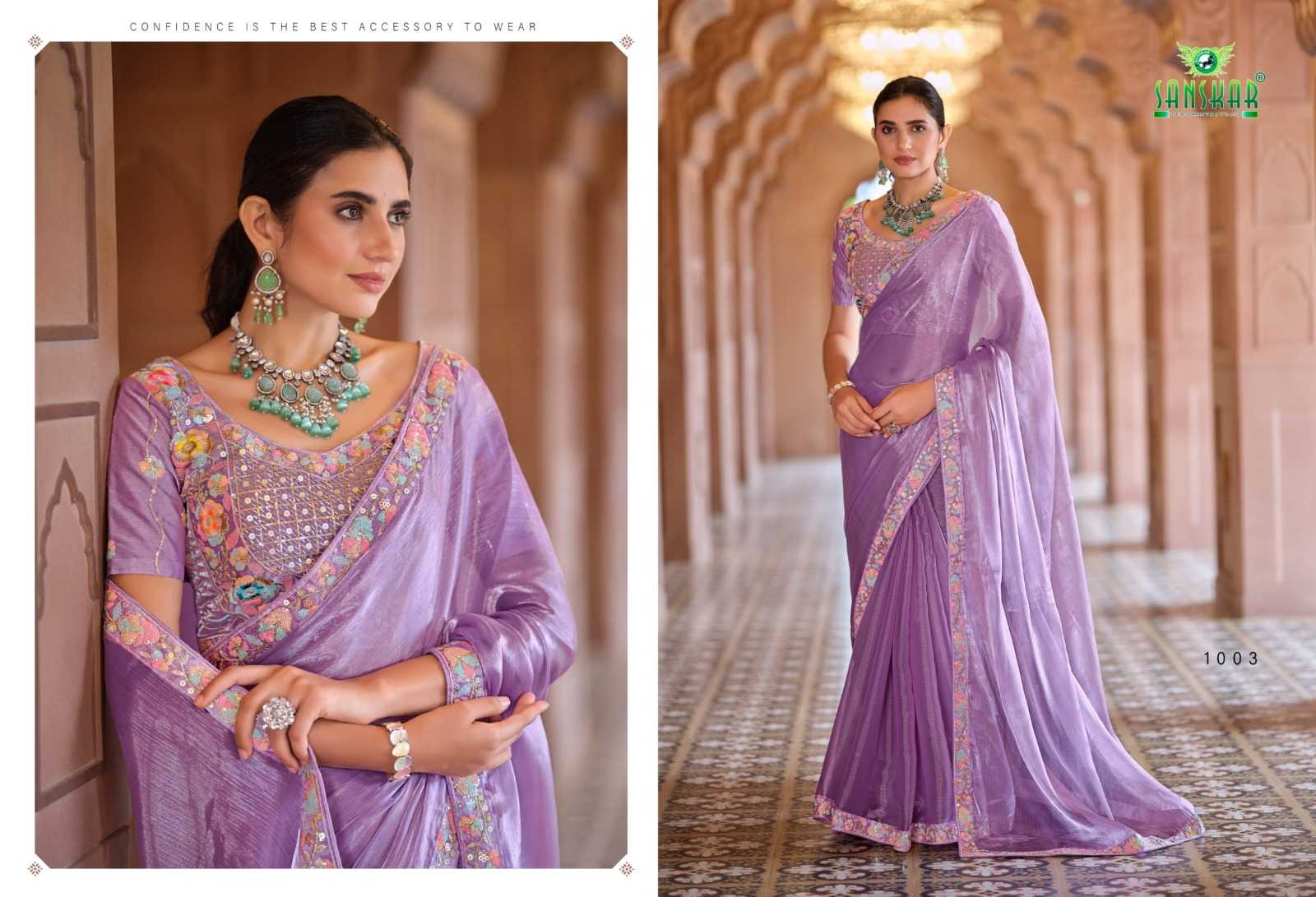 heer by sanskar tex prints 1001-1006 fancy chiffon saree with stitch blouse