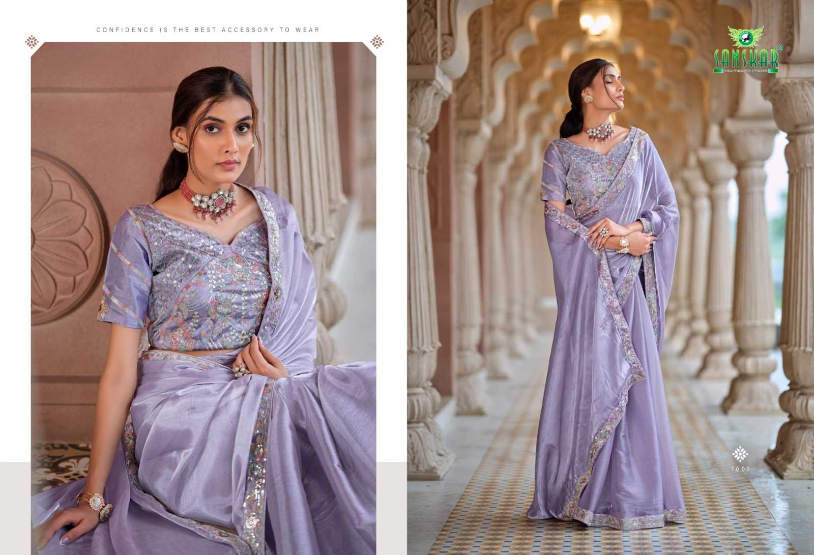 heer by sanskar tex prints 1001-1006 fancy chiffon saree with stitch blouse