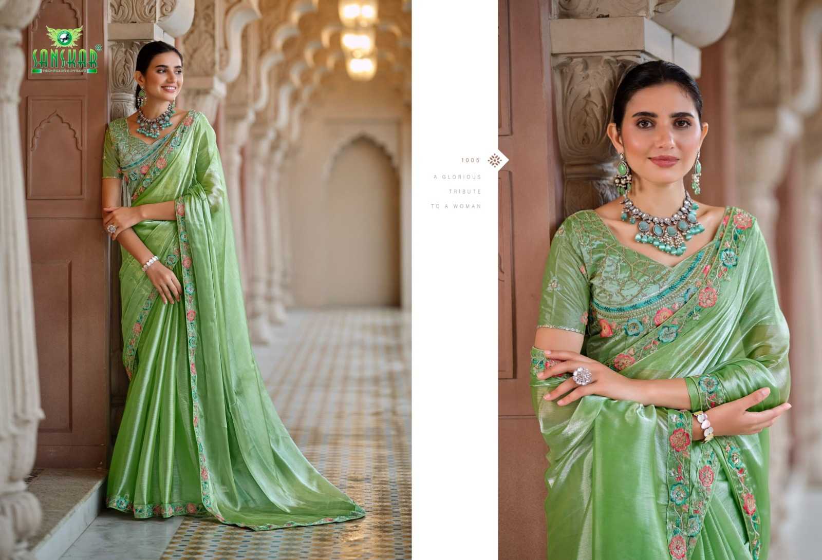 heer by sanskar tex prints 1001-1006 fancy chiffon saree with stitch blouse