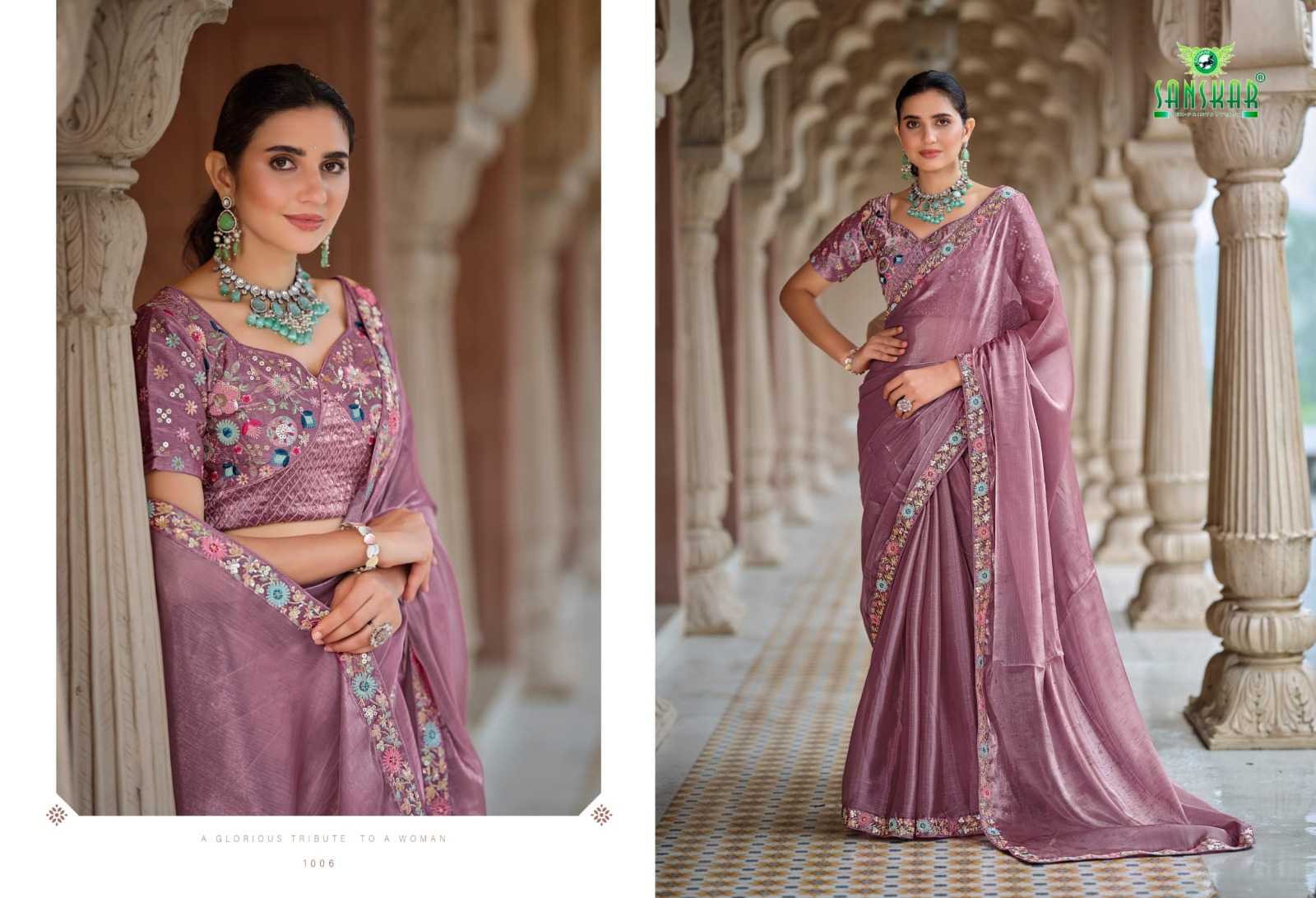 heer by sanskar tex prints 1001-1006 fancy chiffon saree with stitch blouse