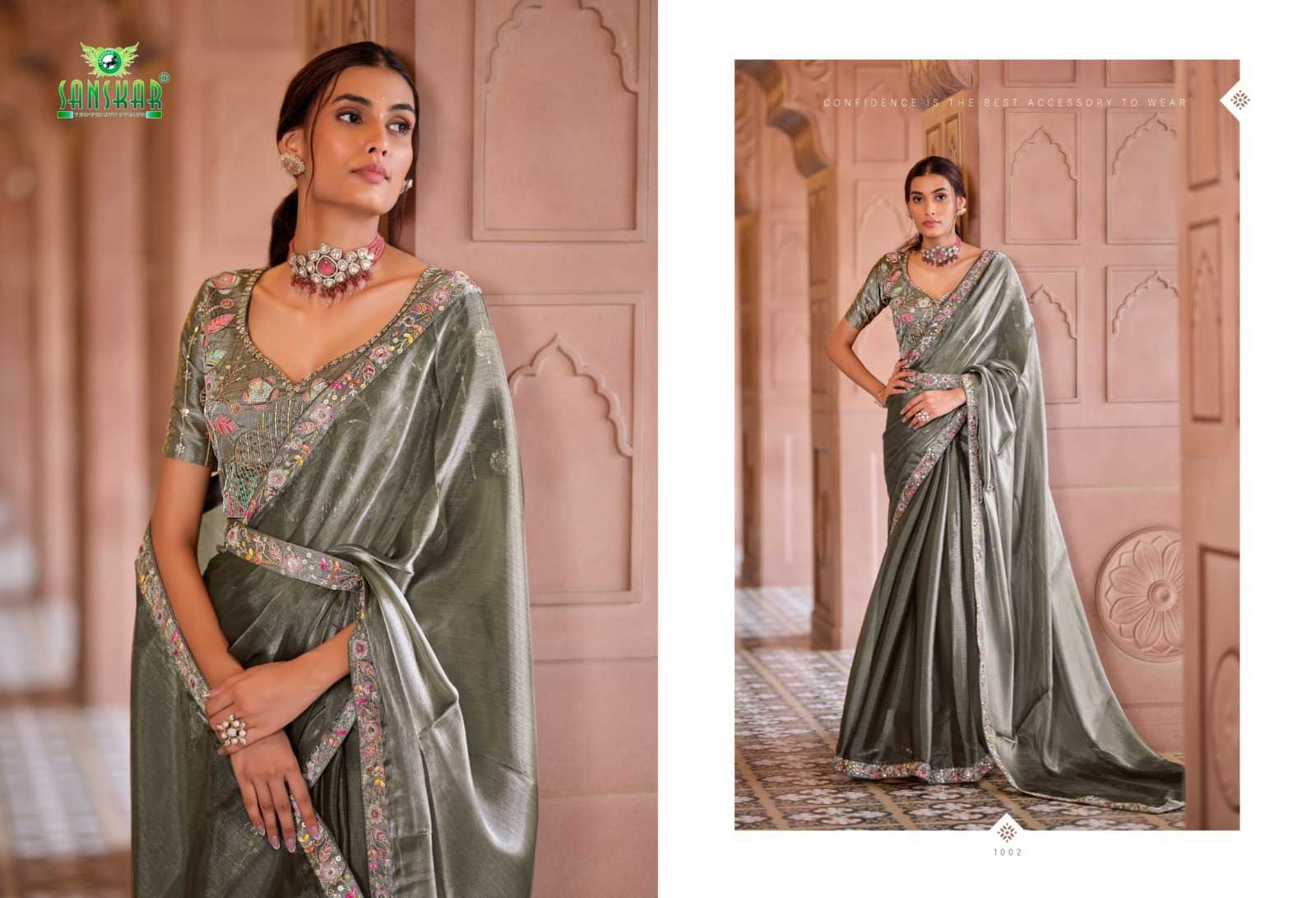heer by sanskar tex prints 1001-1006 fancy chiffon saree with stitch blouse