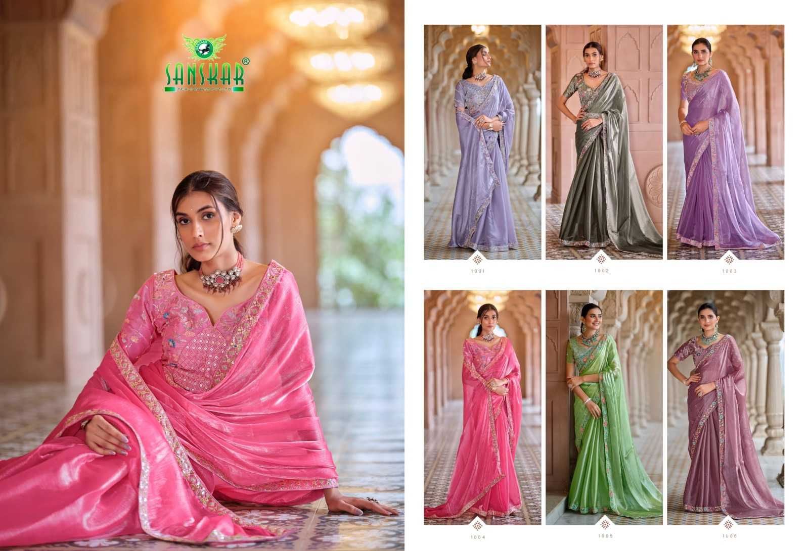 heer by sanskar tex prints 1001-1006 fancy chiffon saree with stitch blouse