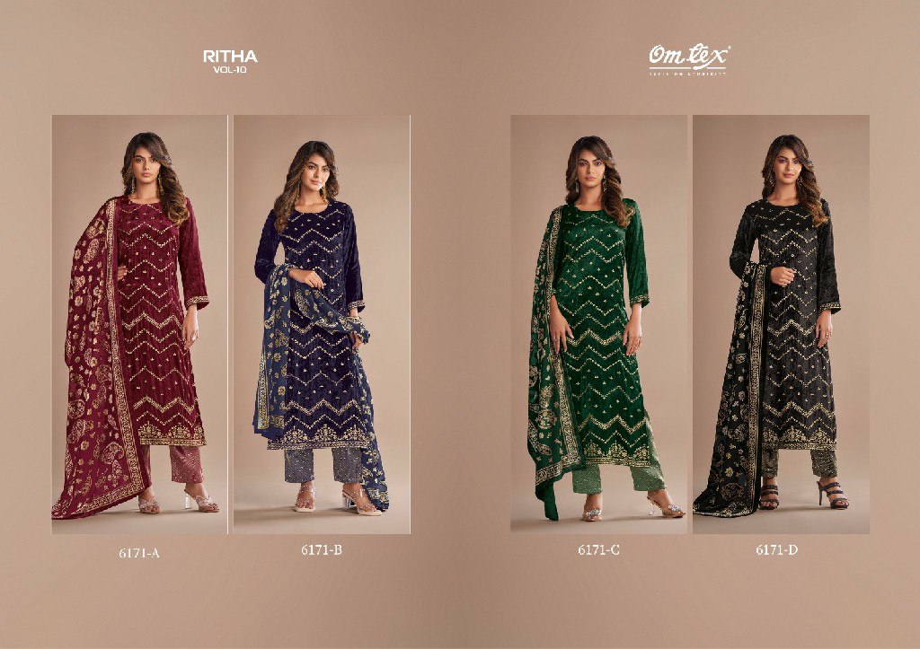 Omtex Ritha Vol-10 Wholesale Pure Viscose Velvet With Embroidery Winter Suits