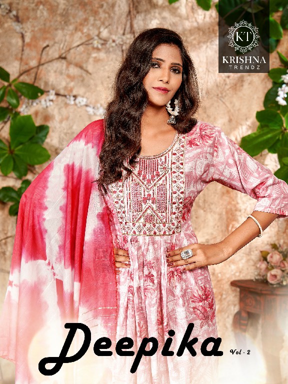 Krishna Deepika Vol-2 Wholesale Capsule Print Naira Cut Tops With Pant And Dupatta