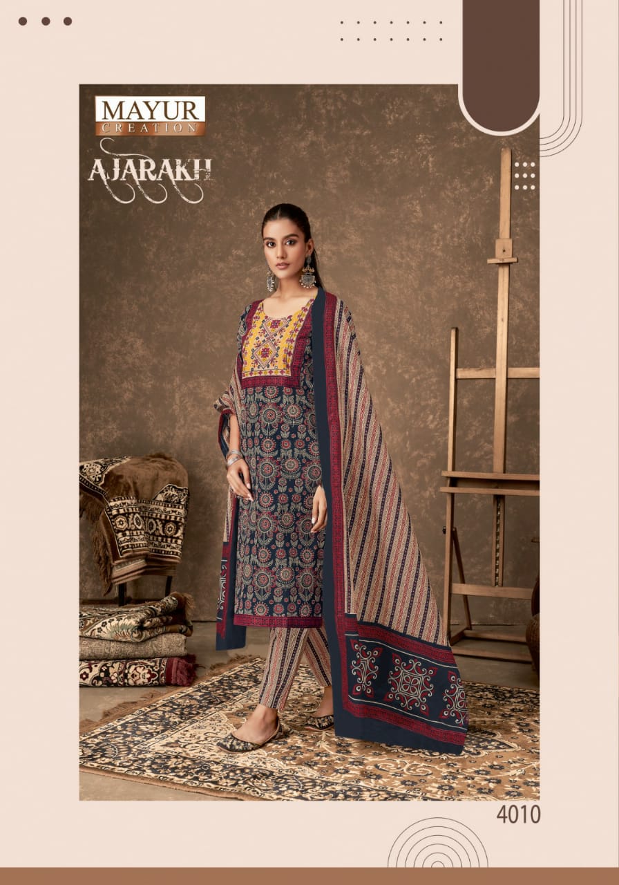 MAYUR CREATION AJARAKH VOL 4 COTTON THREAD WORK READYMADE 3PCS SET