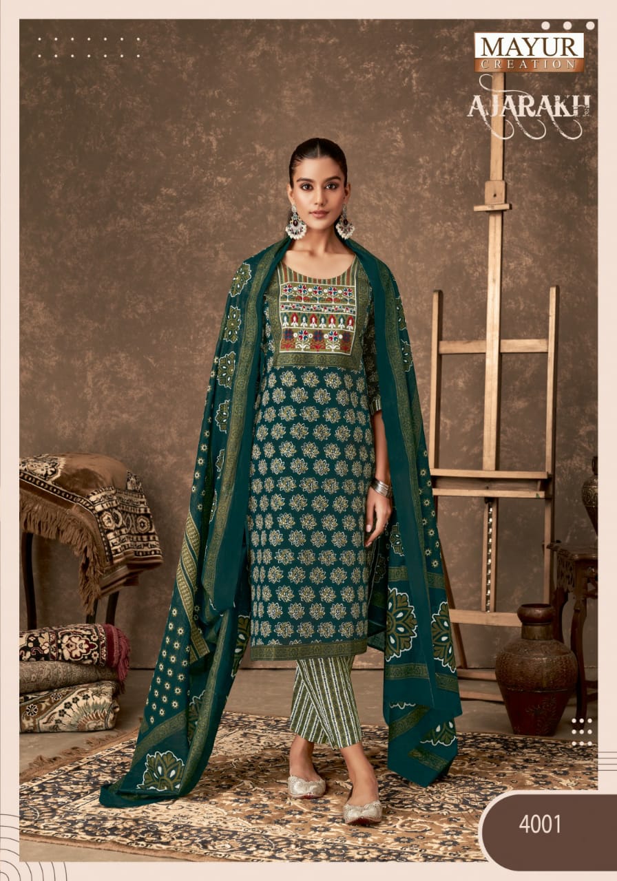 MAYUR CREATION AJARAKH VOL 4 COTTON THREAD WORK READYMADE 3PCS SET