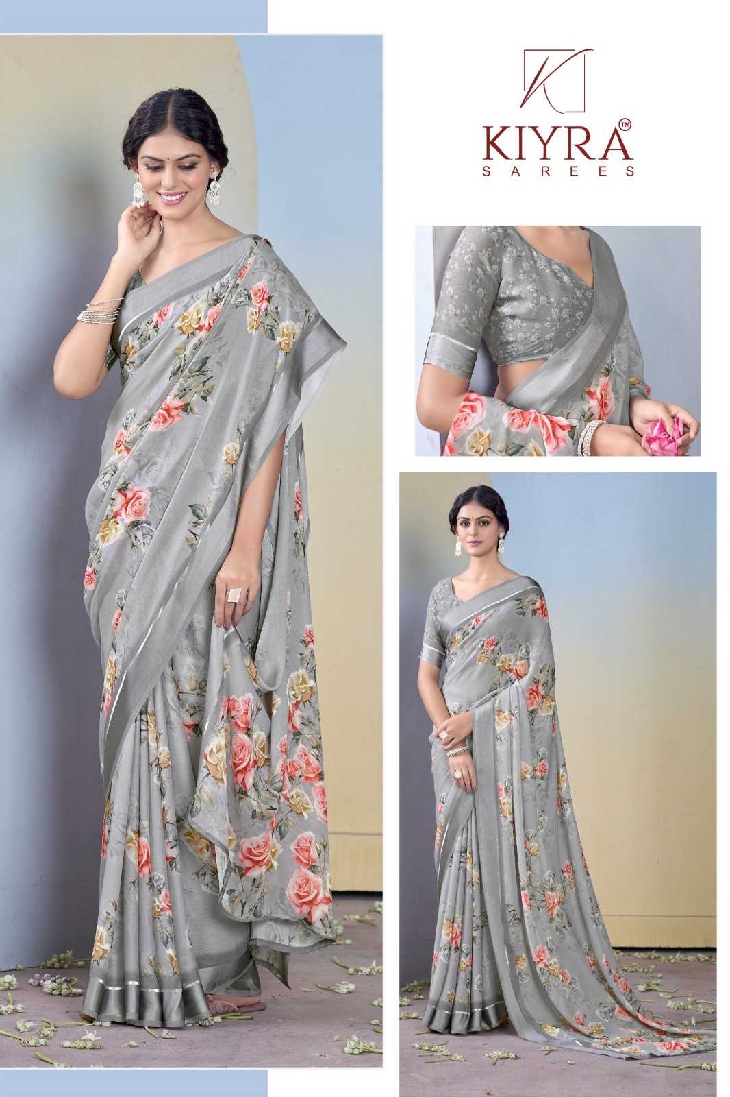 gulmohar by kiyra dull moss unique colours saree with fancy blouse