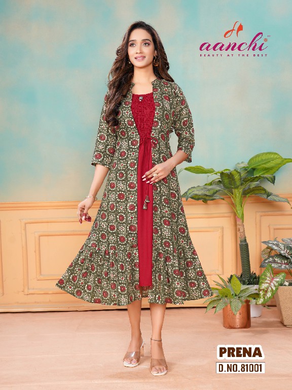aanchi prena rayon print readymade fancy attach jacket style kurti