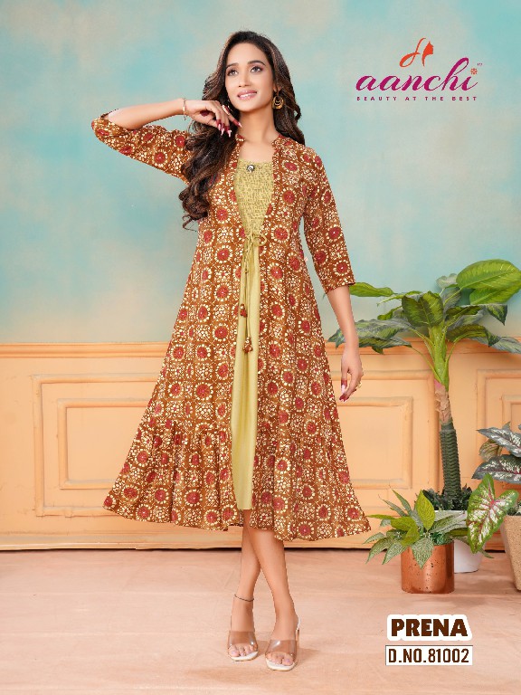 aanchi prena rayon print readymade fancy attach jacket style kurti