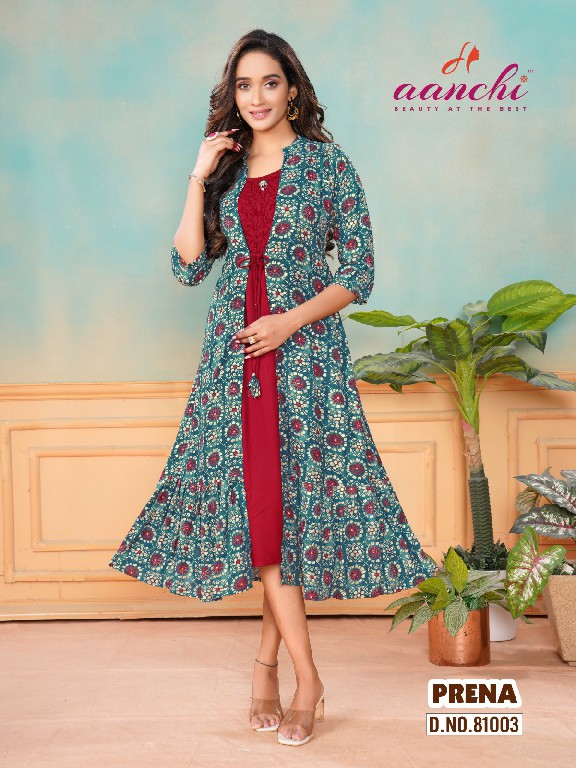 aanchi prena rayon print readymade fancy attach jacket style kurti