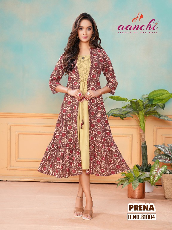 aanchi prena rayon print readymade fancy attach jacket style kurti