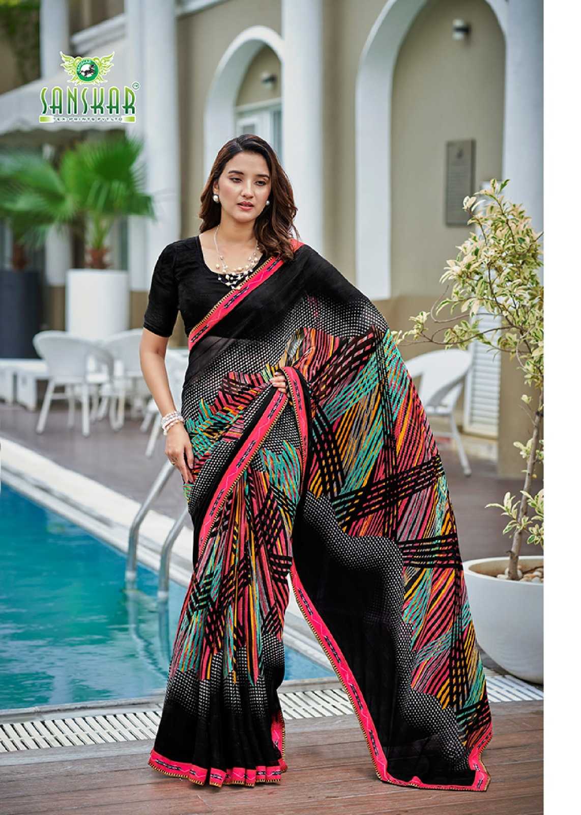 radhe by sanskar tex prints georgette new trendy saree wholesaler
