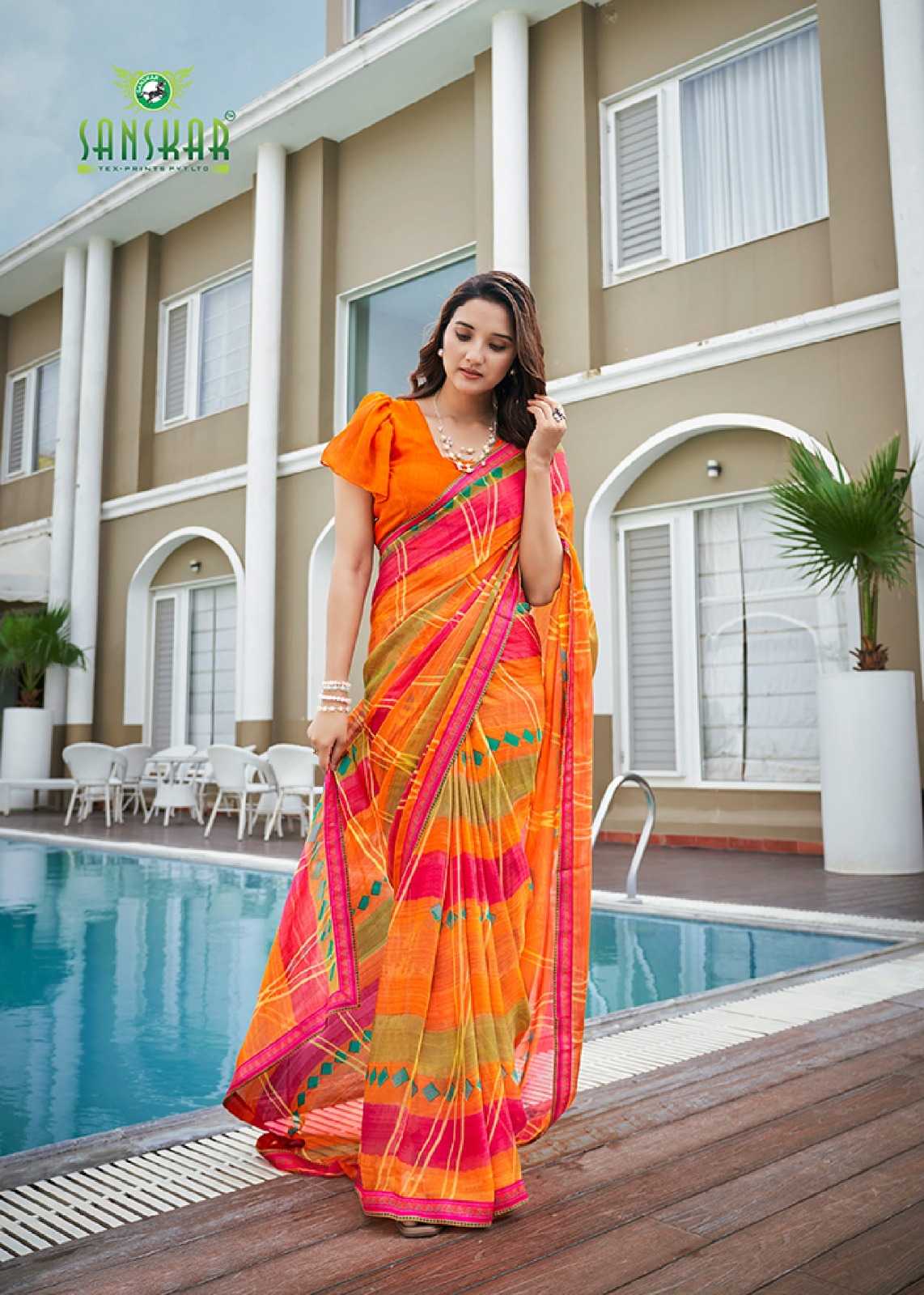radhe by sanskar tex prints georgette new trendy saree wholesaler